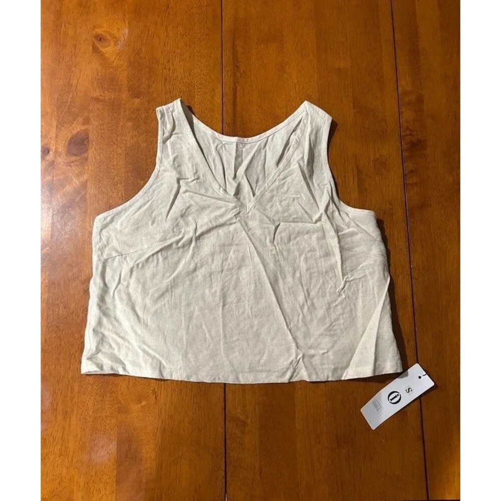 Cream Linen Blend V-Neck Sleeveless Crop Tank Small